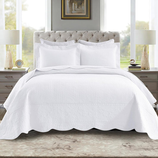 MarCielo 3-Piece 100% Cotton Oversized Bedspread Lightweight Quilt Coverlet Embroidery Farmhouse Bedding Set (TG Bright White, Oversized King (118"x106"))