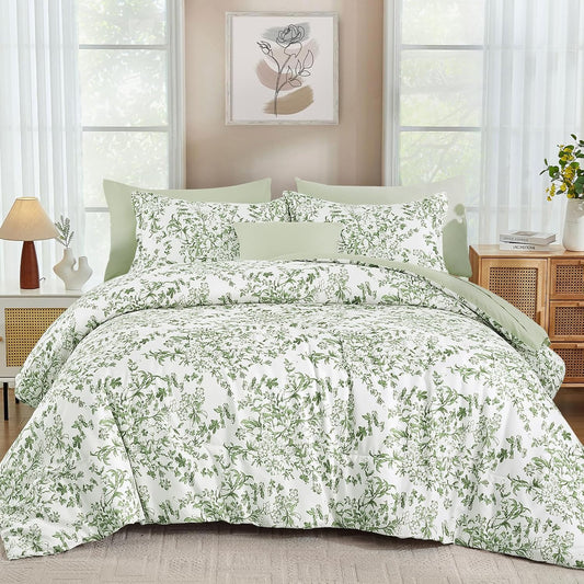 WONGS BEDDING 8 Pieces Queen Size Comforter Set Green, Sage Green Floral Bed in a Bag Comforter Sets, Soft Reversible Botanical Flowers Bedding Sets for All Season (90"x90")