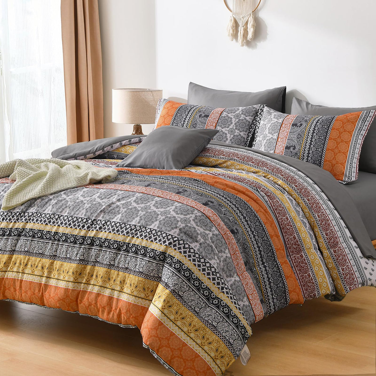 Cottolester Boho Comforter Set Queen Size 8 Piece Bed in a Bag Bohemian Striped Bedding Quilt Set Aqua Paisley Floral Comforter and Sheet Set,Soft Microfiber Complete Bedding Sets for All Season
