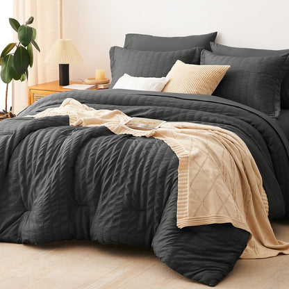 CozyLux Queen Comforter Set, 7 Pieces White Seersucker Bed in a Bag