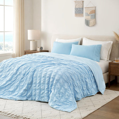 Cozy Bliss Cooling Comforter Seersucker Plaid Queen Size, Q-Max 0.45 Lightweight Cooling Blanket, Breathable Silk Smooth Summer Bedding Quilt for Hot Sleepers Night Sweats White