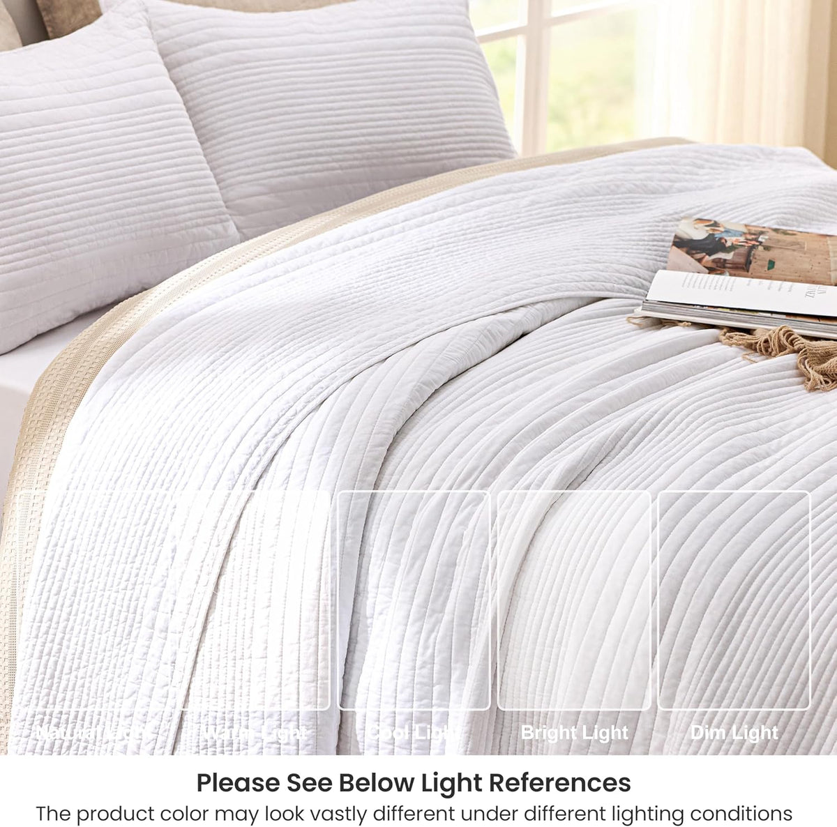 Love's cabin King Size Cotton Quilt Set, 100% Cotton Fabric Striped Textured Coverlet with Crinkled Look, Lightweight Quilted Bedspread for All Season, Includes 2 Pillow Shams, White