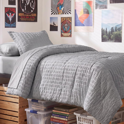 CozyLux Queen Comforter Set, 7 Pieces White Seersucker Bed in a Bag