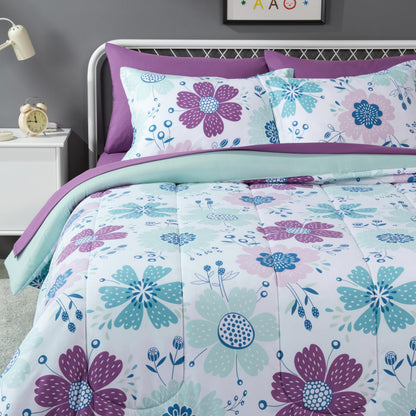 Amazon Basics 5-Piece Soft, Easy-Wash Microfiber Kid's Bed-in-a-Bag Bedding Set with Sheet and Comforter, Twin, Bluish Flowers