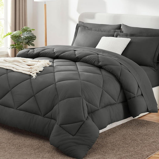 CozyLux King Comforter Set 102"x90" Dark Grey - 7 Piece Bed in a Bag