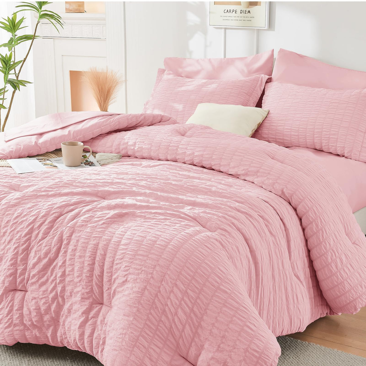 King Comforter Set - 7PCS Bed in a Bag, Seersucker Bedding Set, Dark Grey
