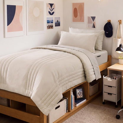 Queen Comforter Set-7 Pieces Beige Soft Bed in a Bag Queen Bedding Sets