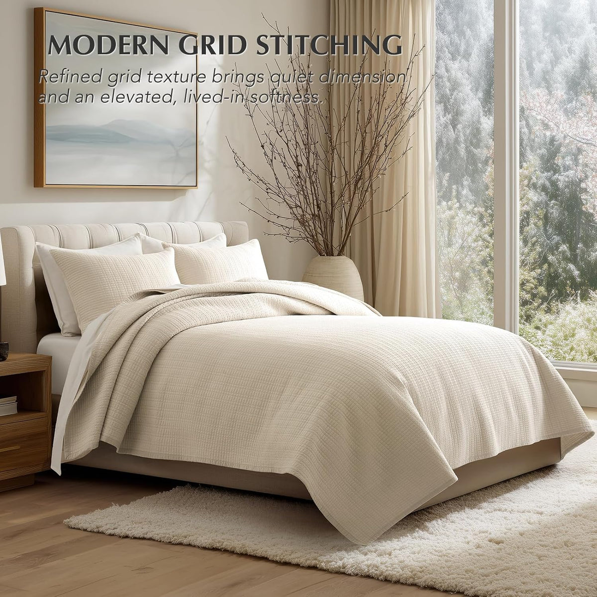 EverGrace 100% Cotton Modern Grid Stitch Quilt Set, King Size, Birch