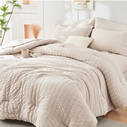 King Comforter Set - 7PCS Bed in a Bag, Seersucker Bedding Set, Dark Grey
