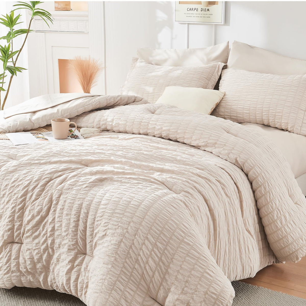 Queen Comforter Set - 7PCS Bed in a Bag, Seersucker Bedding Set, Dark Grey