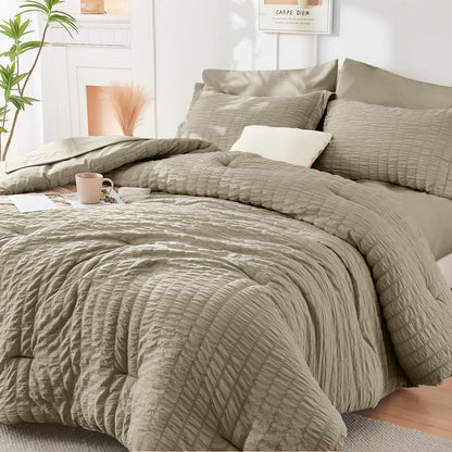 King Comforter Set - 7PCS Bed in a Bag, Seersucker Bedding Set, Dark Grey