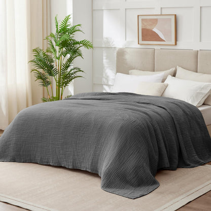 100% Cotton Muslin Blanket for Adults, 6-Layer, King, 108 x 90, Beige Linen