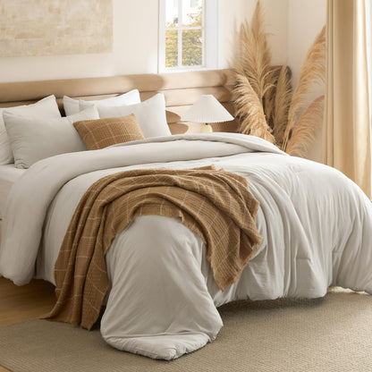 Bedsure Queen Comforter Set Prewashed Soft Bedding Set 3Pcs Beige 90"x90"