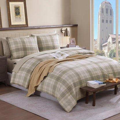 Plaid Full Size Comforter Set Blue Grey 7 Pieces Farmhouse Bed in a Bag