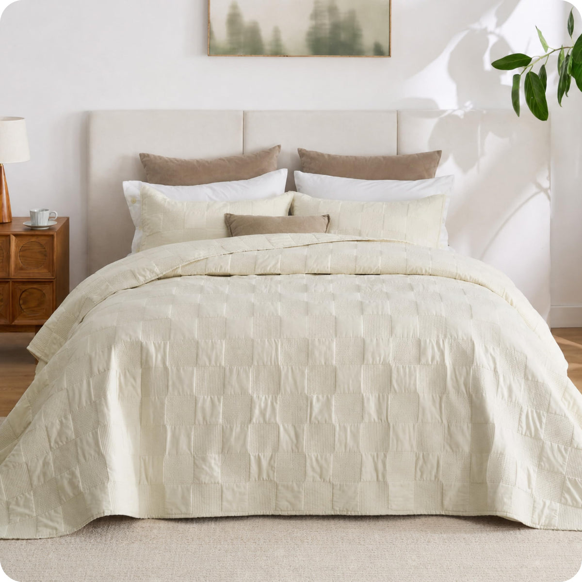 Bedsure PureWoven 100% Cotton Quilt Set Queen Size, Embroidery, Linen Beige