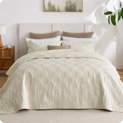 Bedsure PureWoven 100% Cotton Quilt Set Queen Size, Embroidery, Linen Beige
