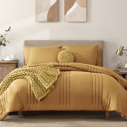 Queen Comforter Set-7 Pieces Beige Soft Bed in a Bag Queen Bedding Sets
