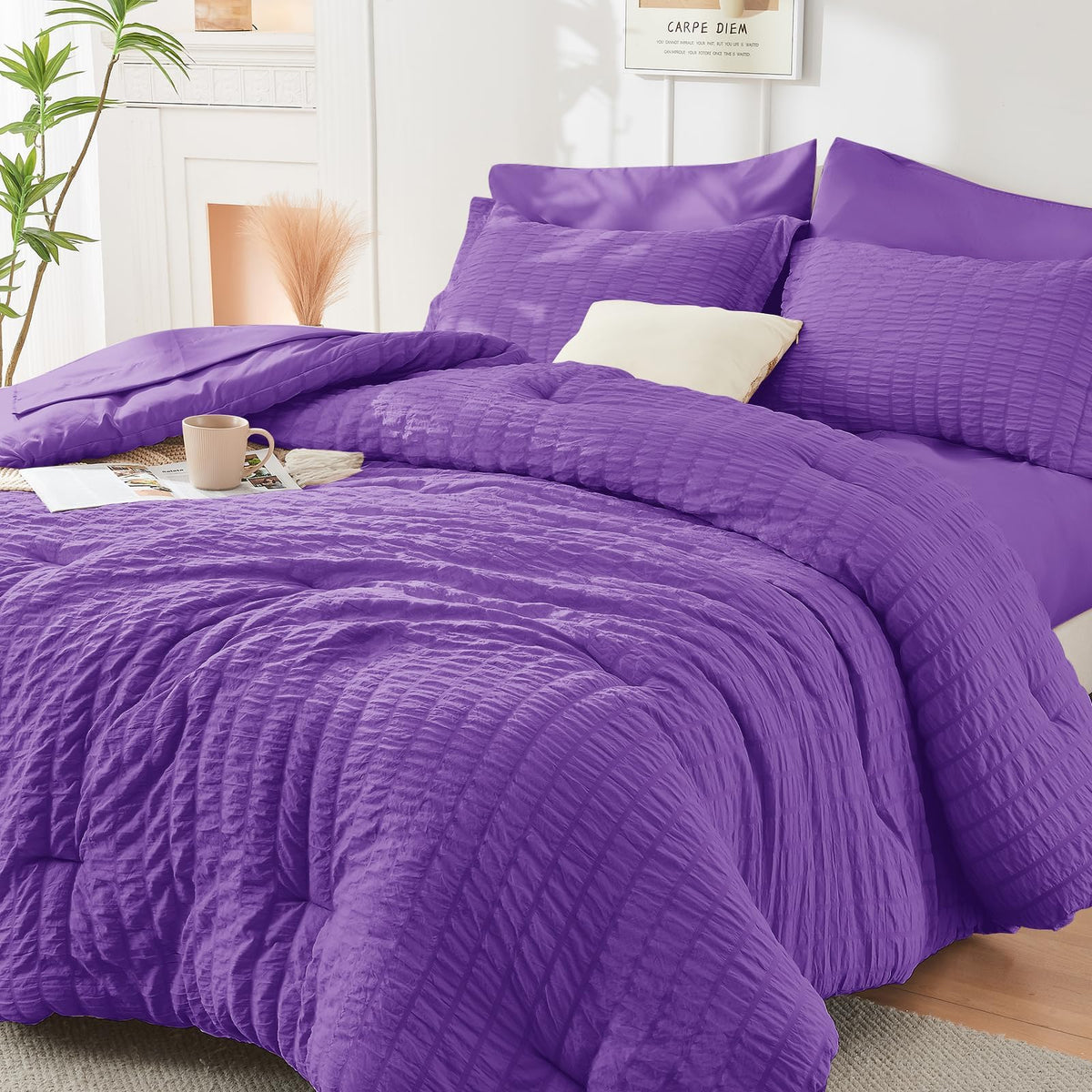King Comforter Set - 7PCS Bed in a Bag, Seersucker Bedding Set, Dark Grey