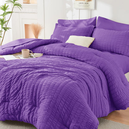 Queen Comforter Set - 7PCS Bed in a Bag, Seersucker Bedding Set, Dark Grey
