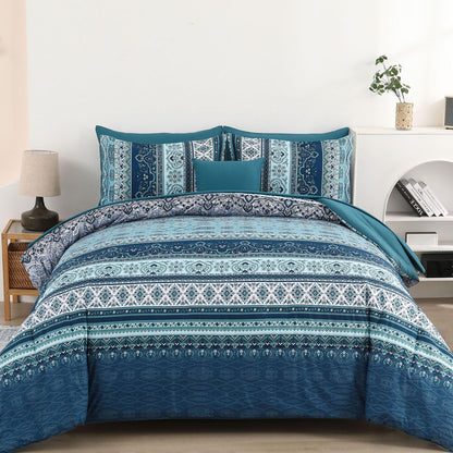 Cottolester Boho Comforter Set Queen Size 8 Piece Bed in a Bag Bohemian Striped Bedding Quilt Set Aqua Paisley Floral Comforter and Sheet Set,Soft Microfiber Complete Bedding Sets for All Season