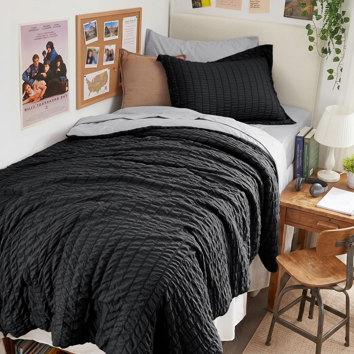 Queen Comforter Set - 7PCS Bed in a Bag, Seersucker Bedding Set, Dark Grey