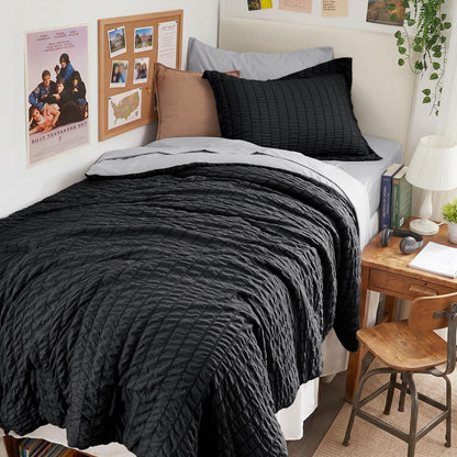 Queen Comforter Set - 7PCS Bed in a Bag, Seersucker Bedding Set, Dark Grey