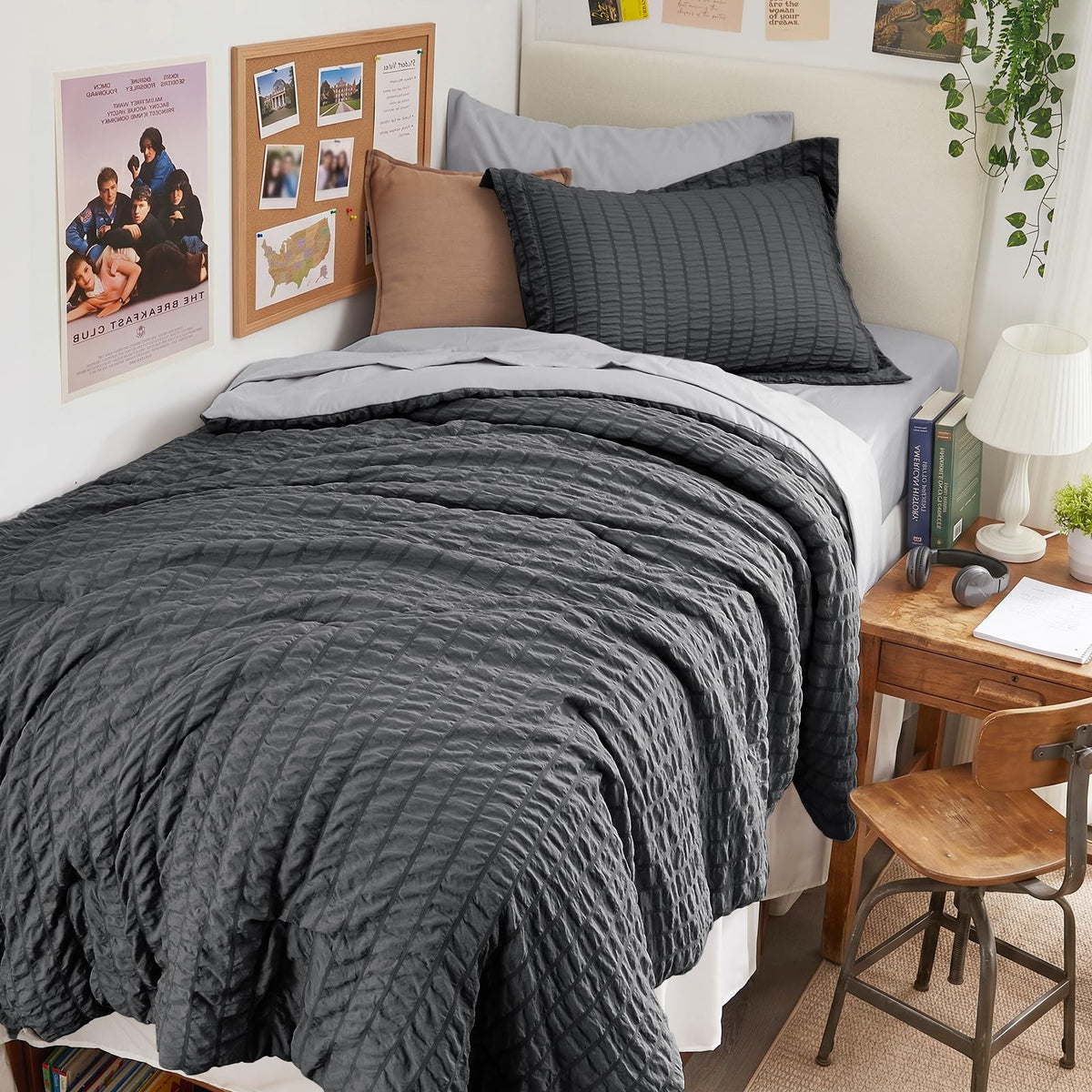 King Comforter Set - 7PCS Bed in a Bag, Seersucker Bedding Set, Dark Grey