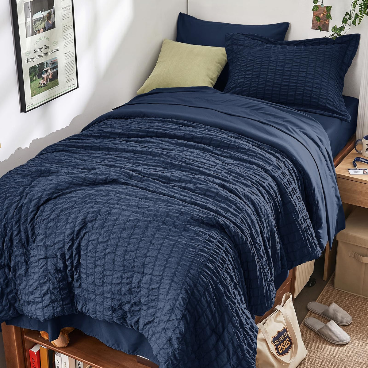Queen Comforter Set - 7PCS Bed in a Bag, Seersucker Bedding Set, Dark Grey