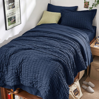 Queen Comforter Set - 7PCS Bed in a Bag, Seersucker Bedding Set, Dark Grey