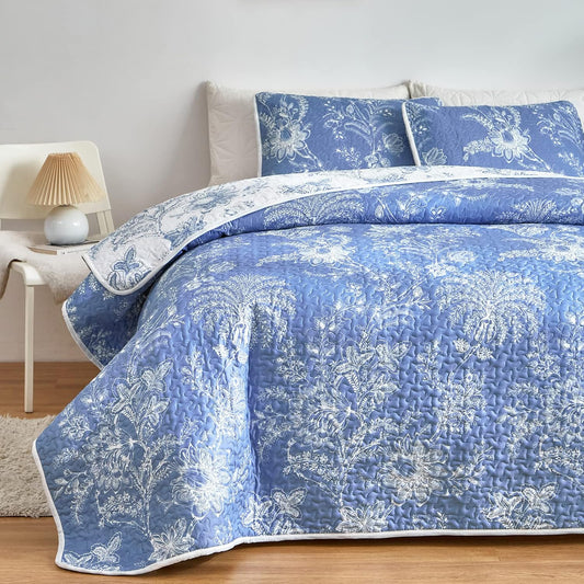 Flysheep Reversible Quilt Set Full Queen Size, 3 Pieces White Blue Botanical Floral Printed Summer Bedding Set, Soft Microfiber Lightweight Bedspread/Coverlet for All Season - 92"x90"