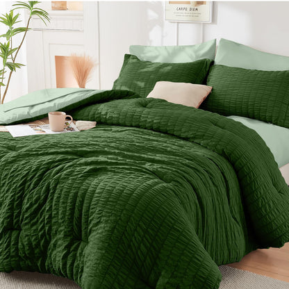 King Comforter Set - 7PCS Bed in a Bag, Seersucker Bedding Set, Dark Grey
