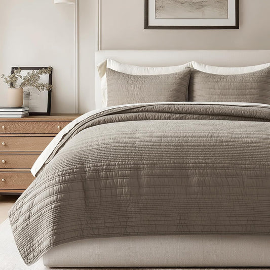 EVERGRACEHOME 100% Cotton Modern Lines Quilt Set King Size, Stone Taupe
