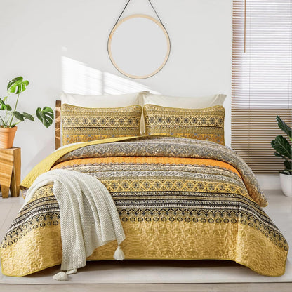 WONGS BEDDING Boho King Quilt Bedding Set, 3 Pieces Soft Bedspread,Blue