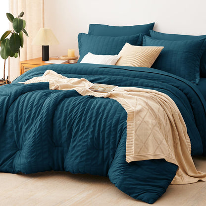 CozyLux Queen Comforter Set, 7 Pieces White Seersucker Bed in a Bag