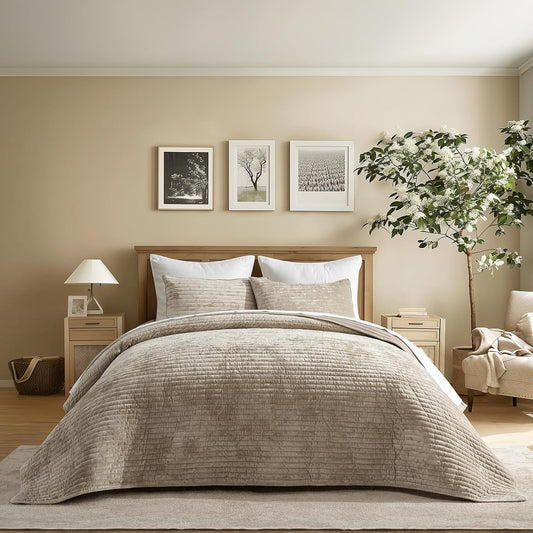 EverGrace Stripe Channel Luxury Velvet Quilt Set King Size, Beige Taupe