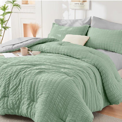 Queen Comforter Set - 7PCS Bed in a Bag, Seersucker Bedding Set, Dark Grey