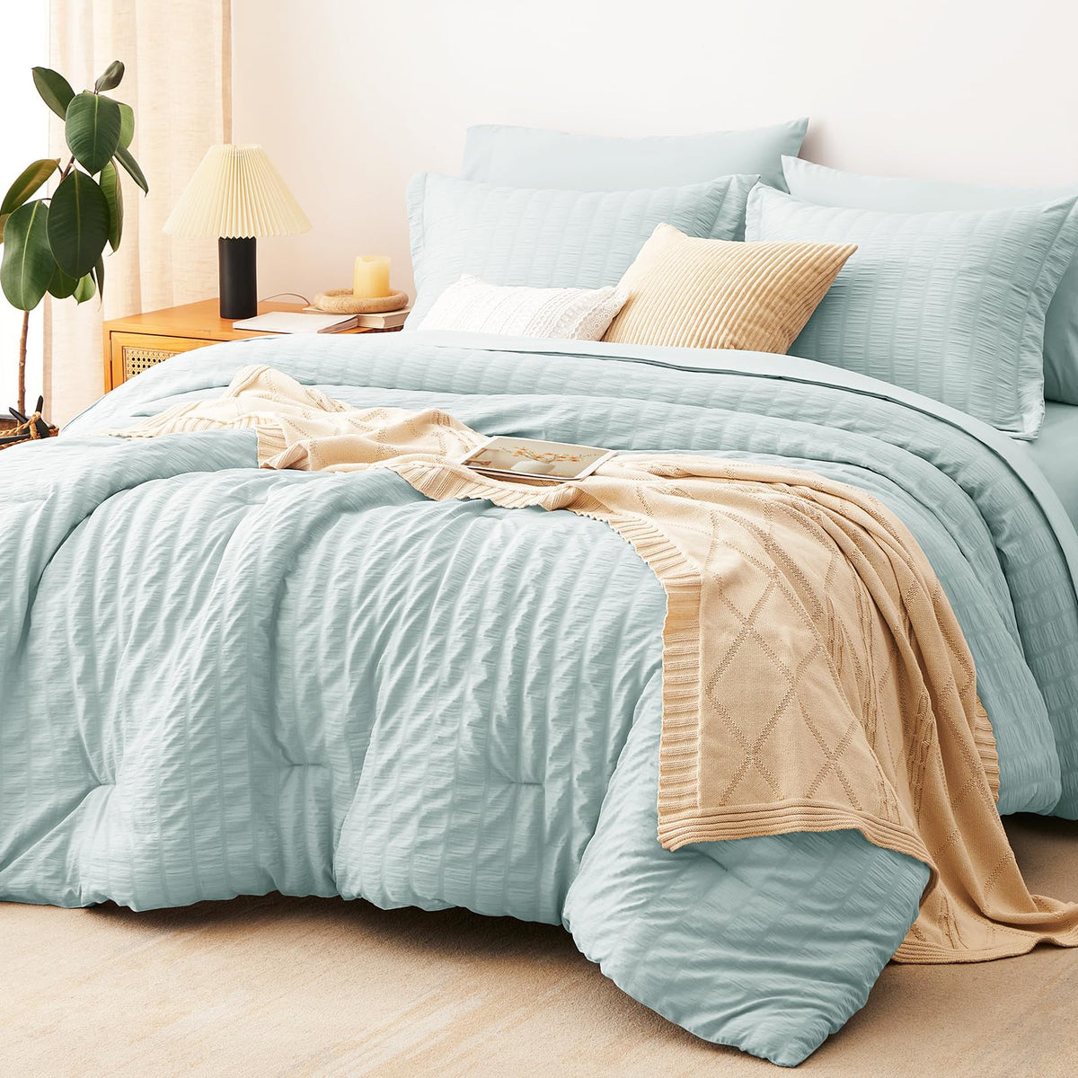 CozyLux Queen Comforter Set, 7 Pieces White Seersucker Bed in a Bag