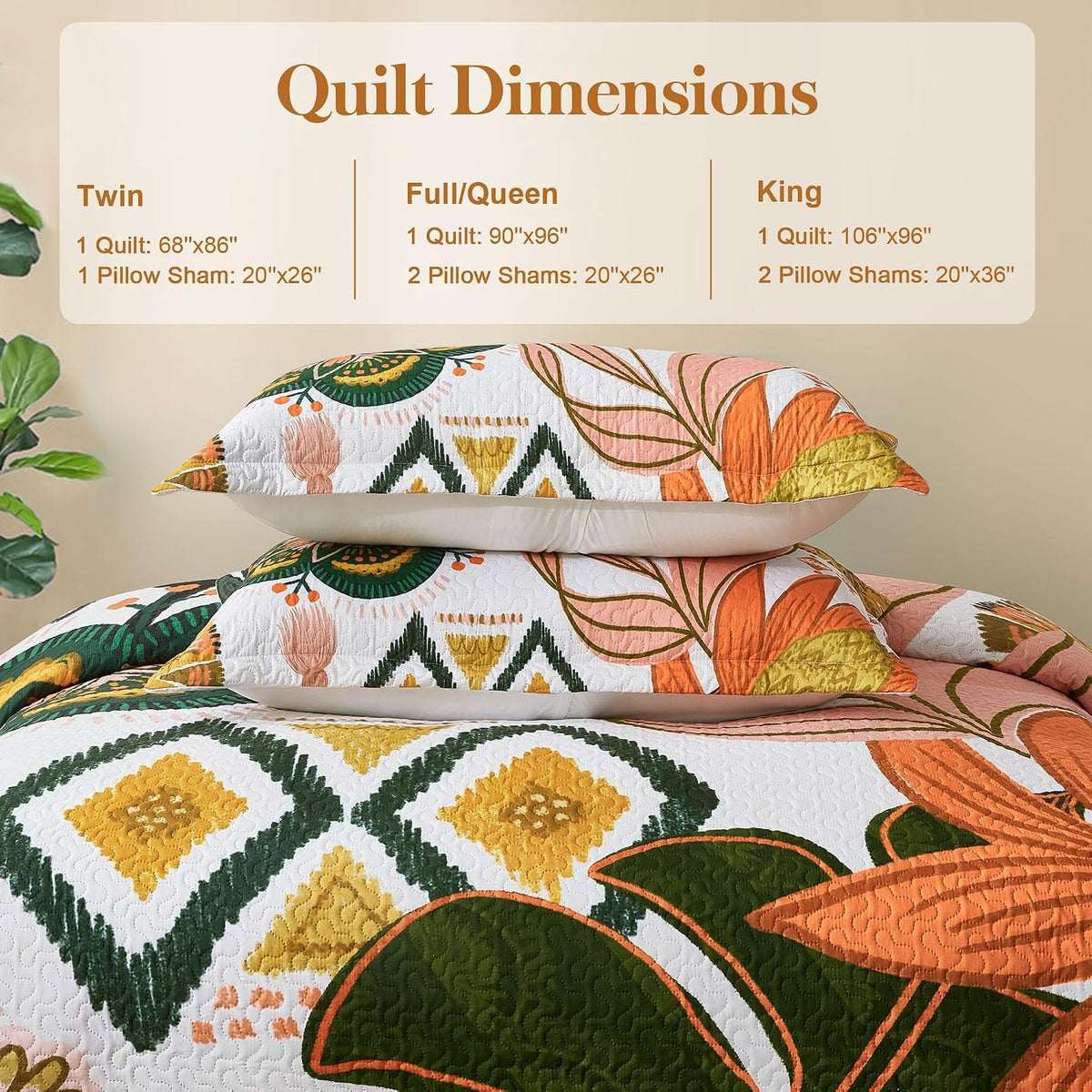 Tyrot 3 Piece Boho Floral Full/Queen Quilt Bedding Sets