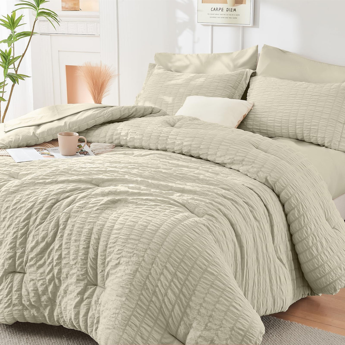 Queen Comforter Set - 7PCS Bed in a Bag, Seersucker Bedding Set, Dark Grey