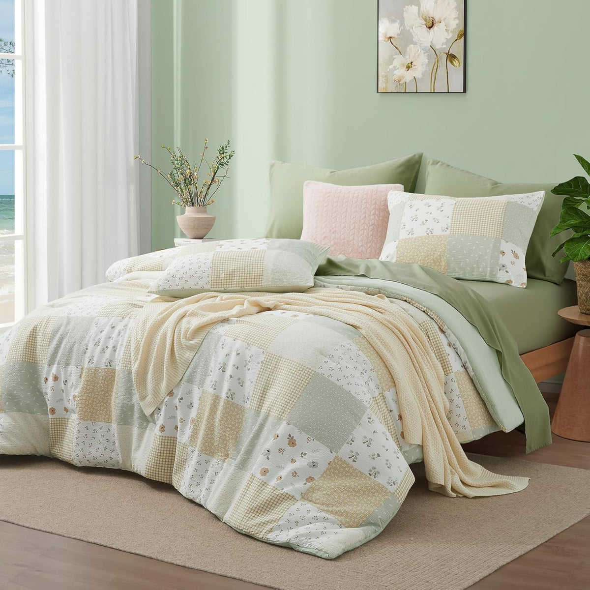 Oli Anderson Queen Comforter Set, 7 Pieces Bed in a Bag, Light Green