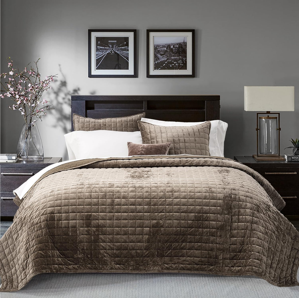 RECYCO Channel Box Stitch Velvet Quilt Set, King Size, Beige