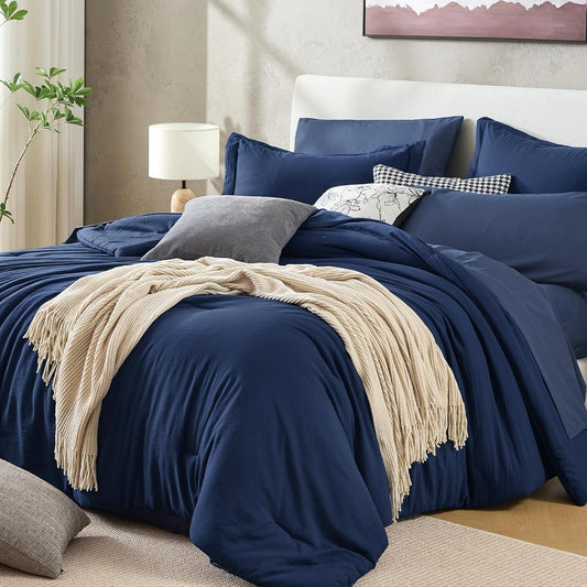 Sasttie Navy Blue Queen Comforter Set 7-Piece, Pre-Washed Bed in a Bag