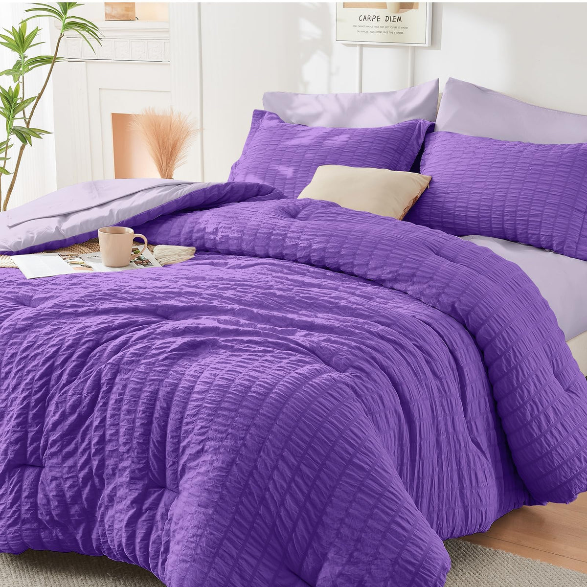 King Comforter Set - 7PCS Bed in a Bag, Seersucker Bedding Set, Dark Grey