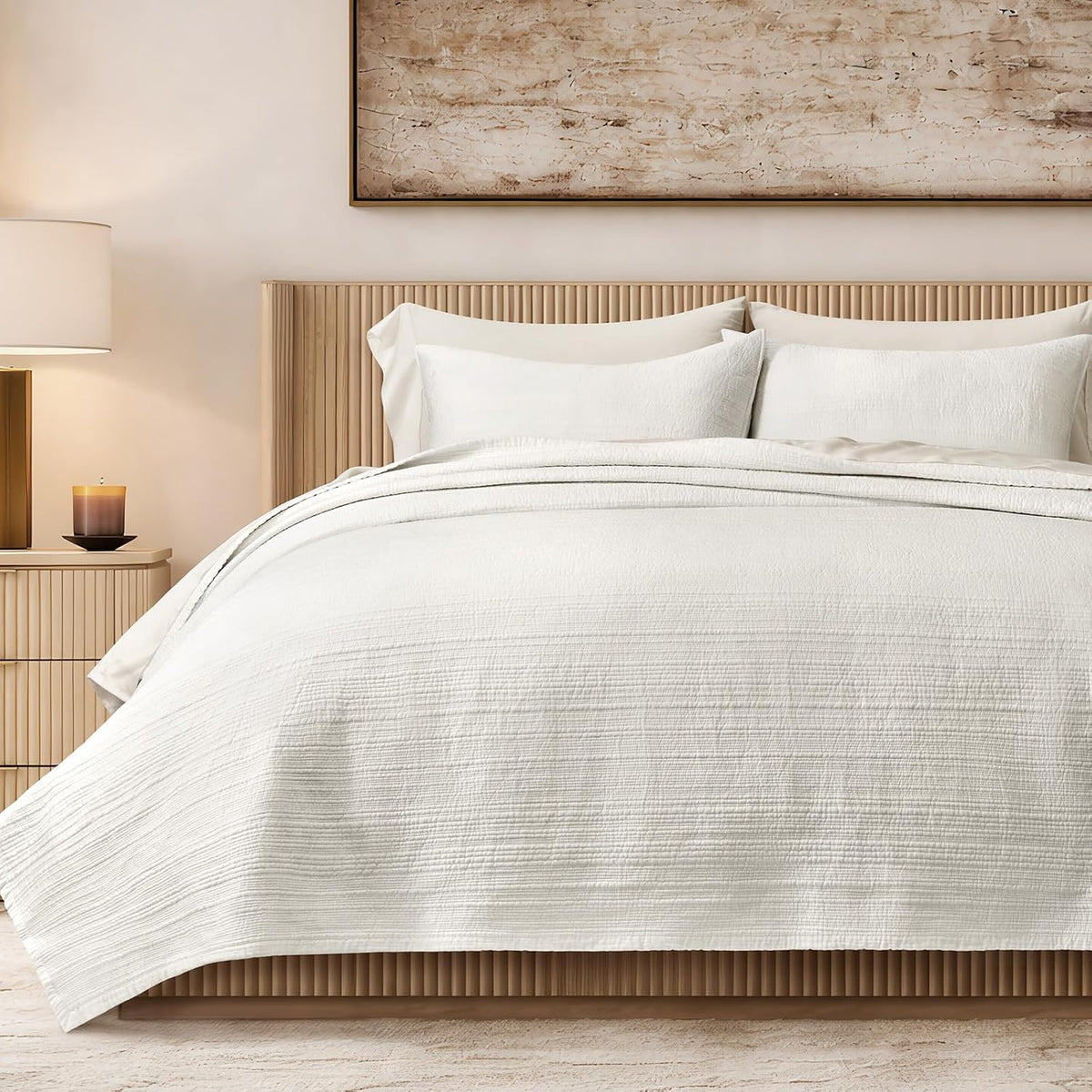 EVERGRACEHOME Cotton Sateen Channel Quilt Set, King Size, Bright White