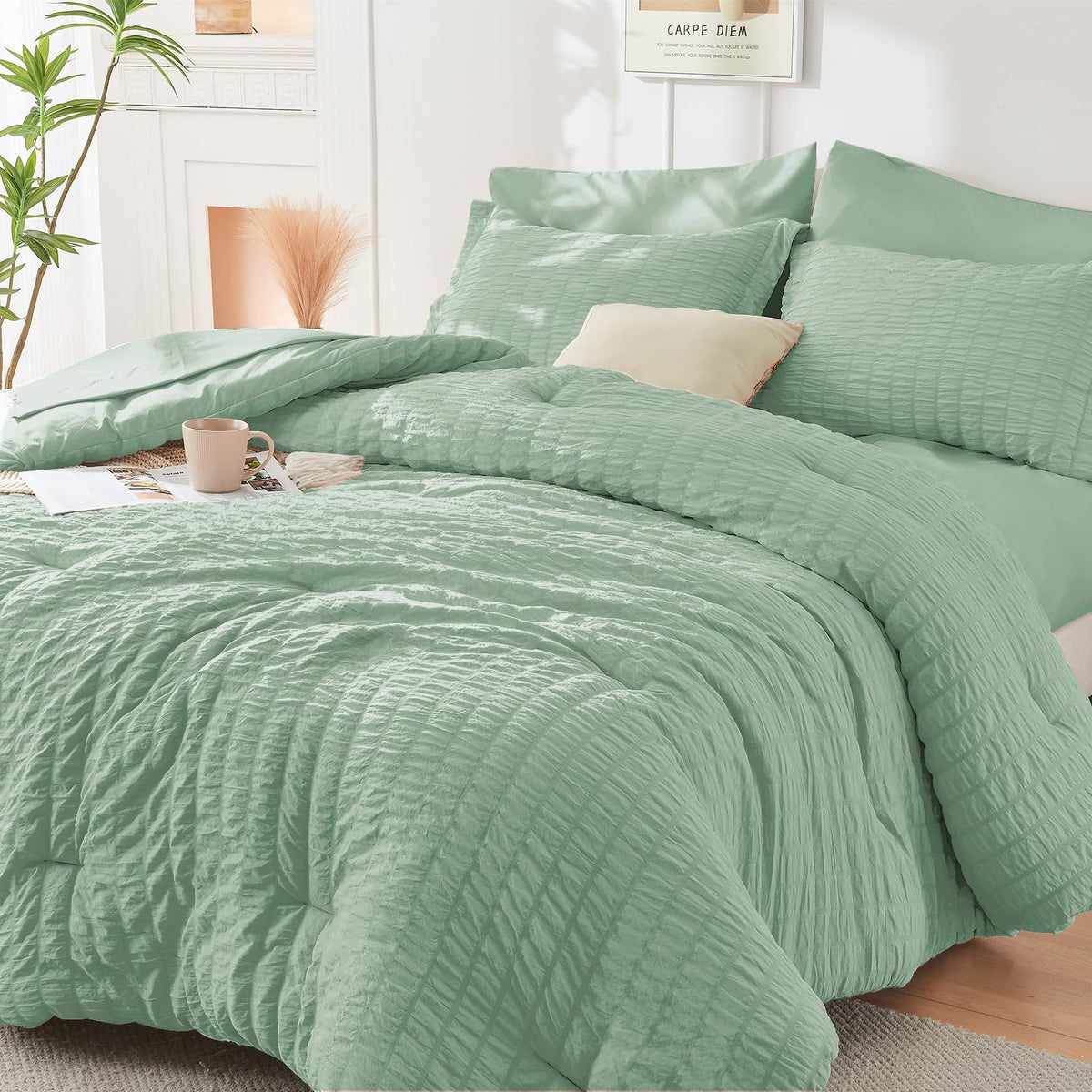Queen Comforter Set - 7PCS Bed in a Bag, Seersucker Bedding Set, Dark Grey