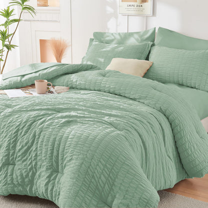 Queen Comforter Set - 7PCS Bed in a Bag, Seersucker Bedding Set, Dark Grey