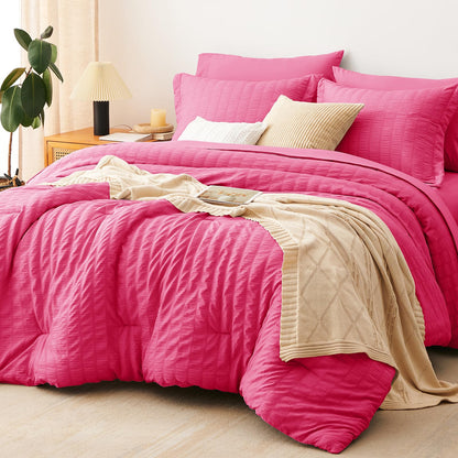 CozyLux Queen Comforter Set, 7 Pieces White Seersucker Bed in a Bag