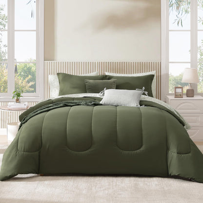 Queen Comforter Set-7 Pieces Beige Soft Bed in a Bag Queen Bedding Sets
