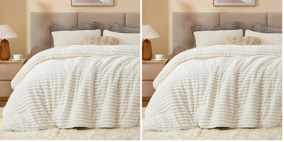 BEDELITE Fleece Queen Comforter Set, Fluffy Bed Set, Cream White