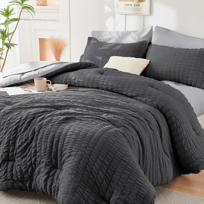 Queen Comforter Set - 7PCS Bed in a Bag, Seersucker Bedding Set, Dark Grey